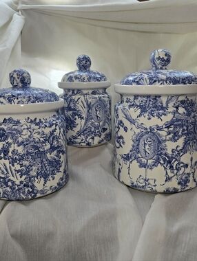 Handmade Blue & White French Toile Decopage 3 Piece Ceramic  Canister Set